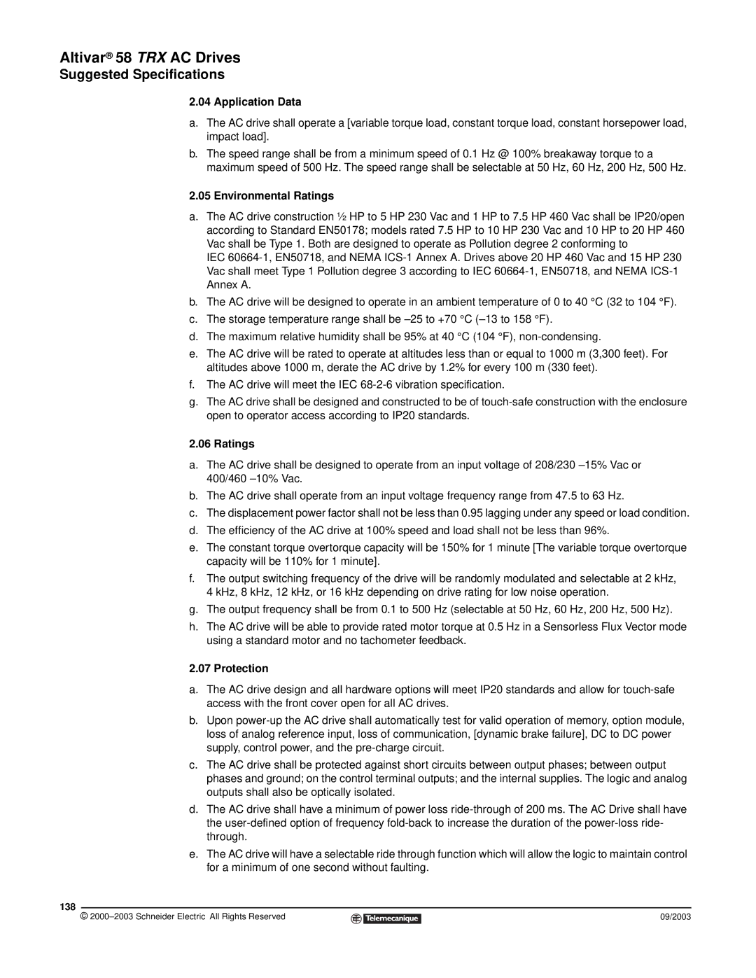 Schneider Electric 58 TRX manual Application Data, Environmental Ratings, Protection, 138 