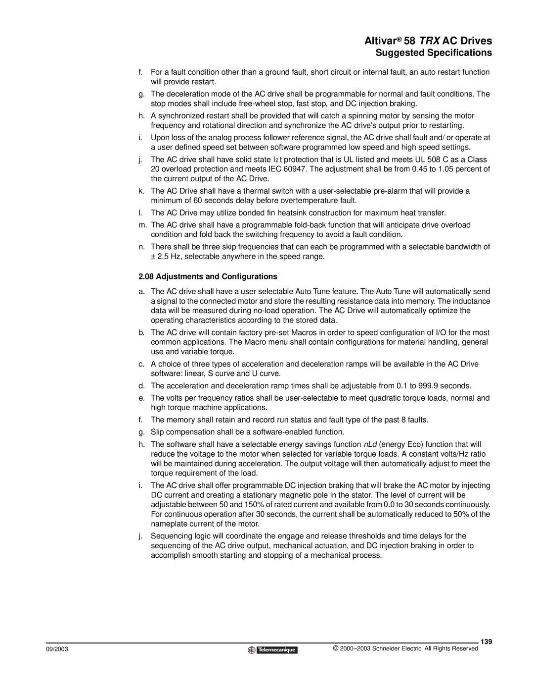 Schneider Electric 58 TRX manual Adjustments and Configurations, 139 