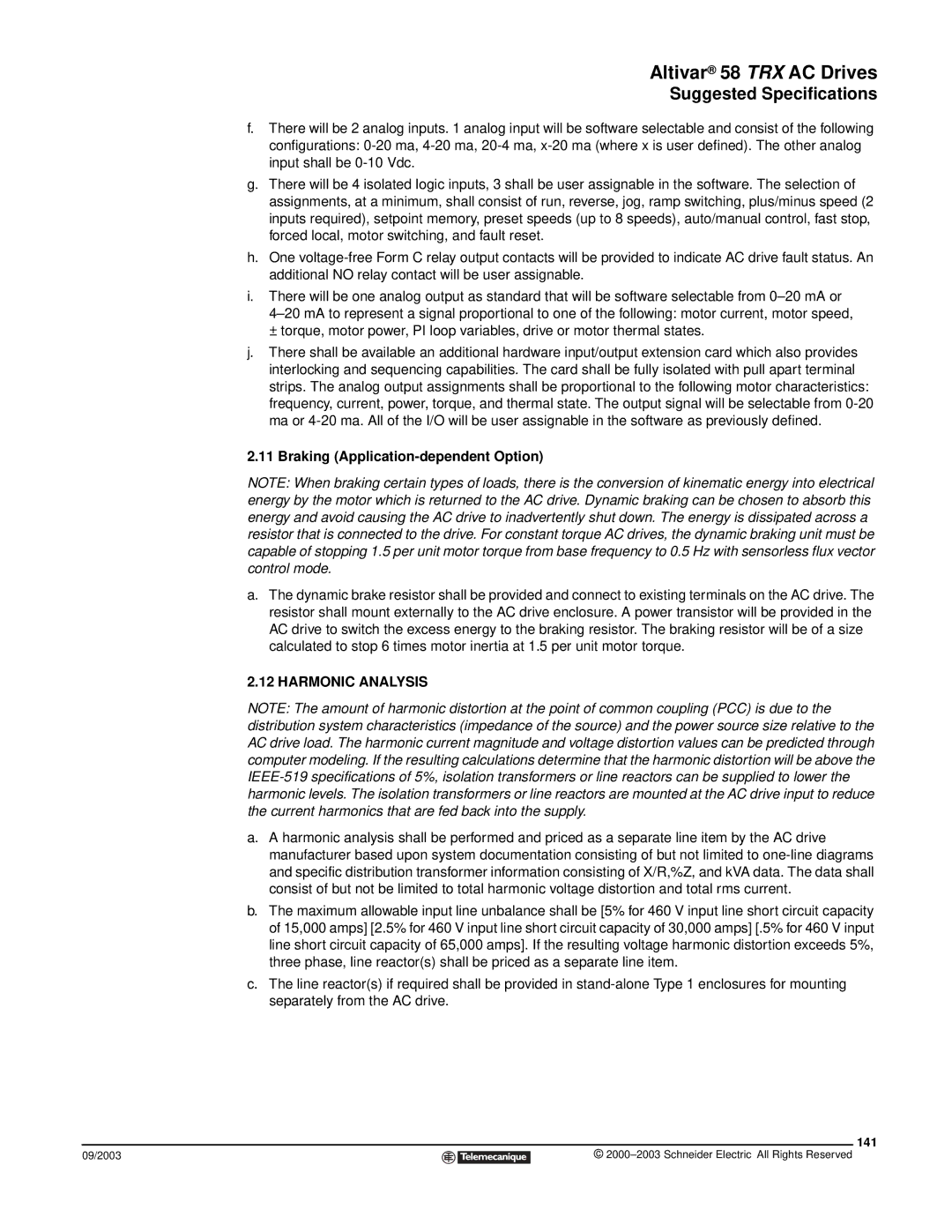 Schneider Electric 58 TRX manual Braking Application-dependent Option, Harmonic Analysis, 141 