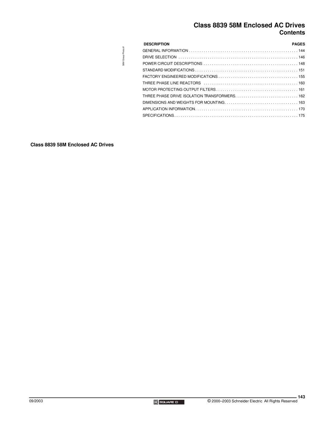 Schneider Electric 58 TRX manual Class 8839 58M Enclosed AC Drives, 143 