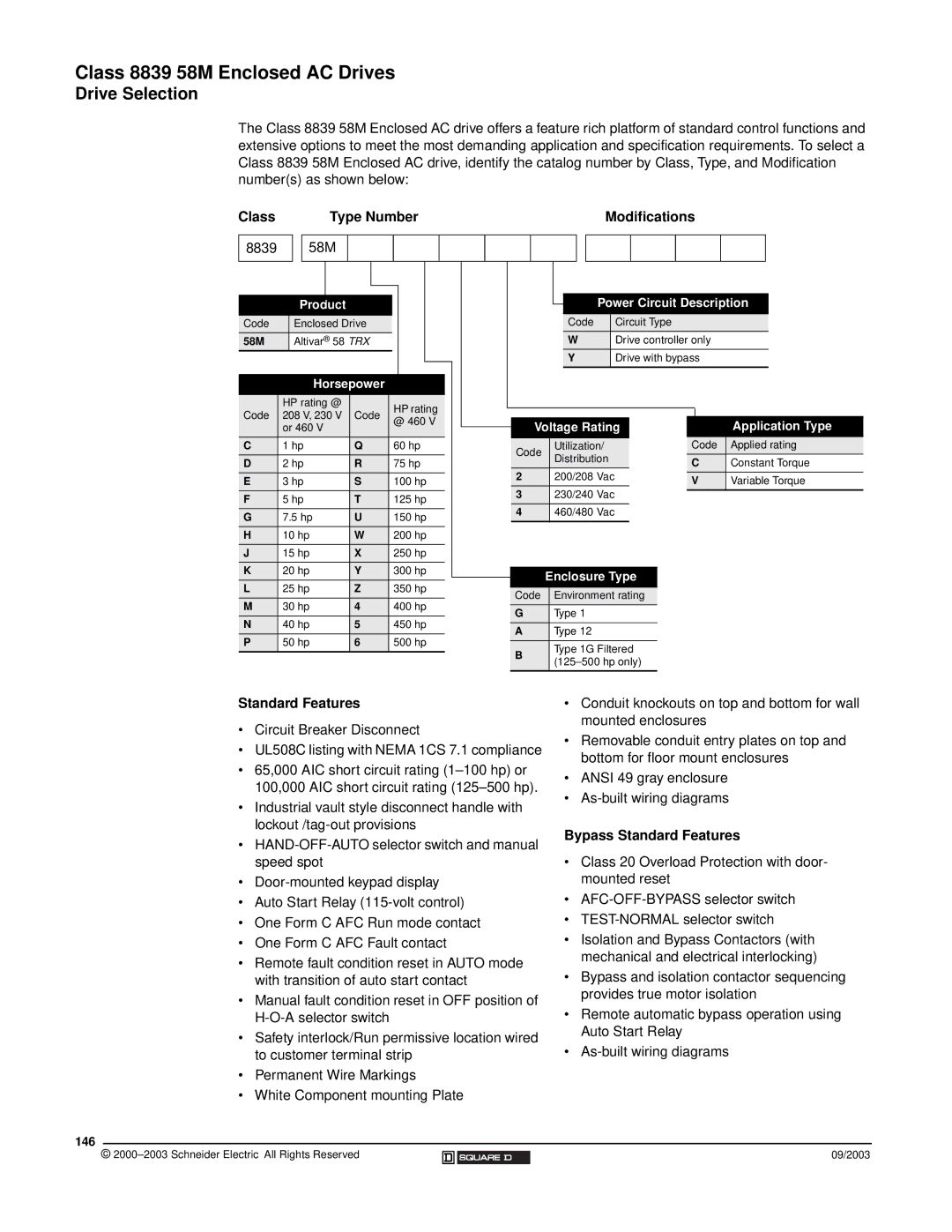 Schneider Electric 58 TRX manual Drive Selection, Class Type Number Modifications, Bypass Standard Features, 146 