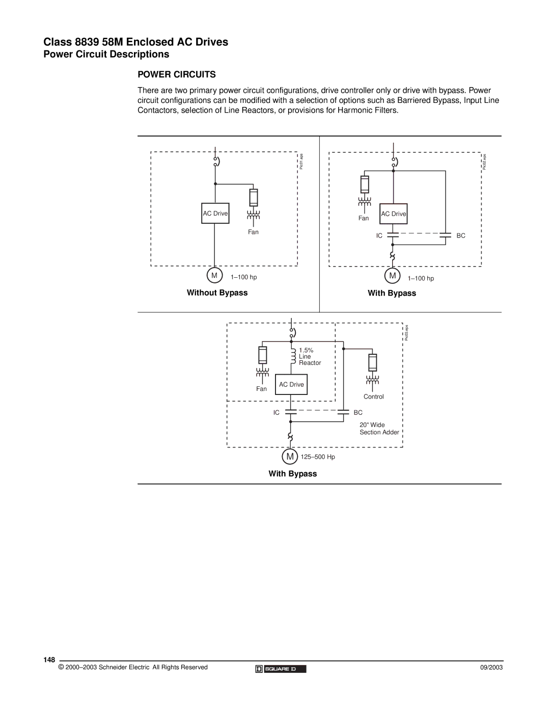 Schneider Electric 58 TRX manual Power Circuit Descriptions, Power Circuits, Without Bypass, With Bypass, 148 