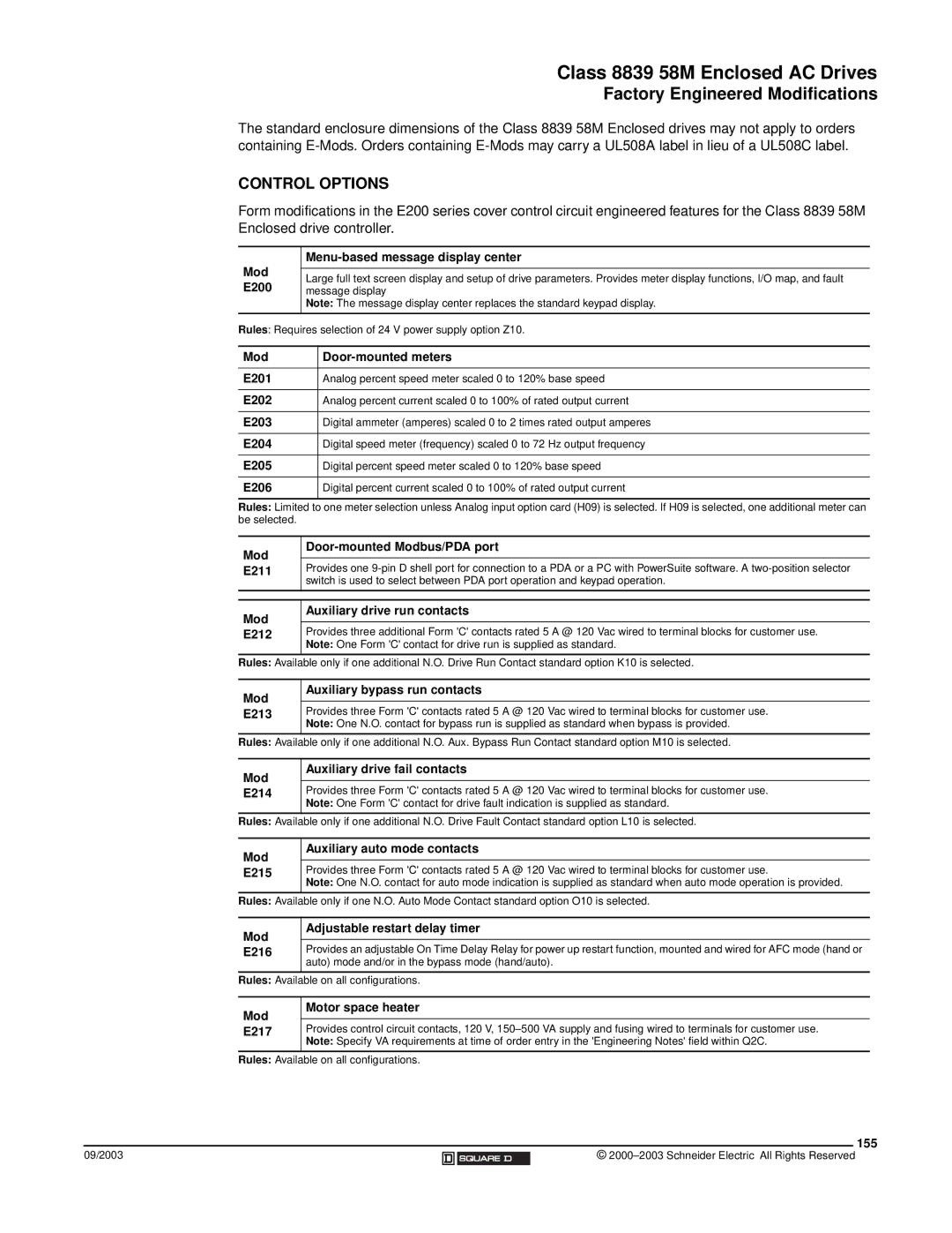 Schneider Electric 58 TRX manual Factory Engineered Modifications, Control Options 