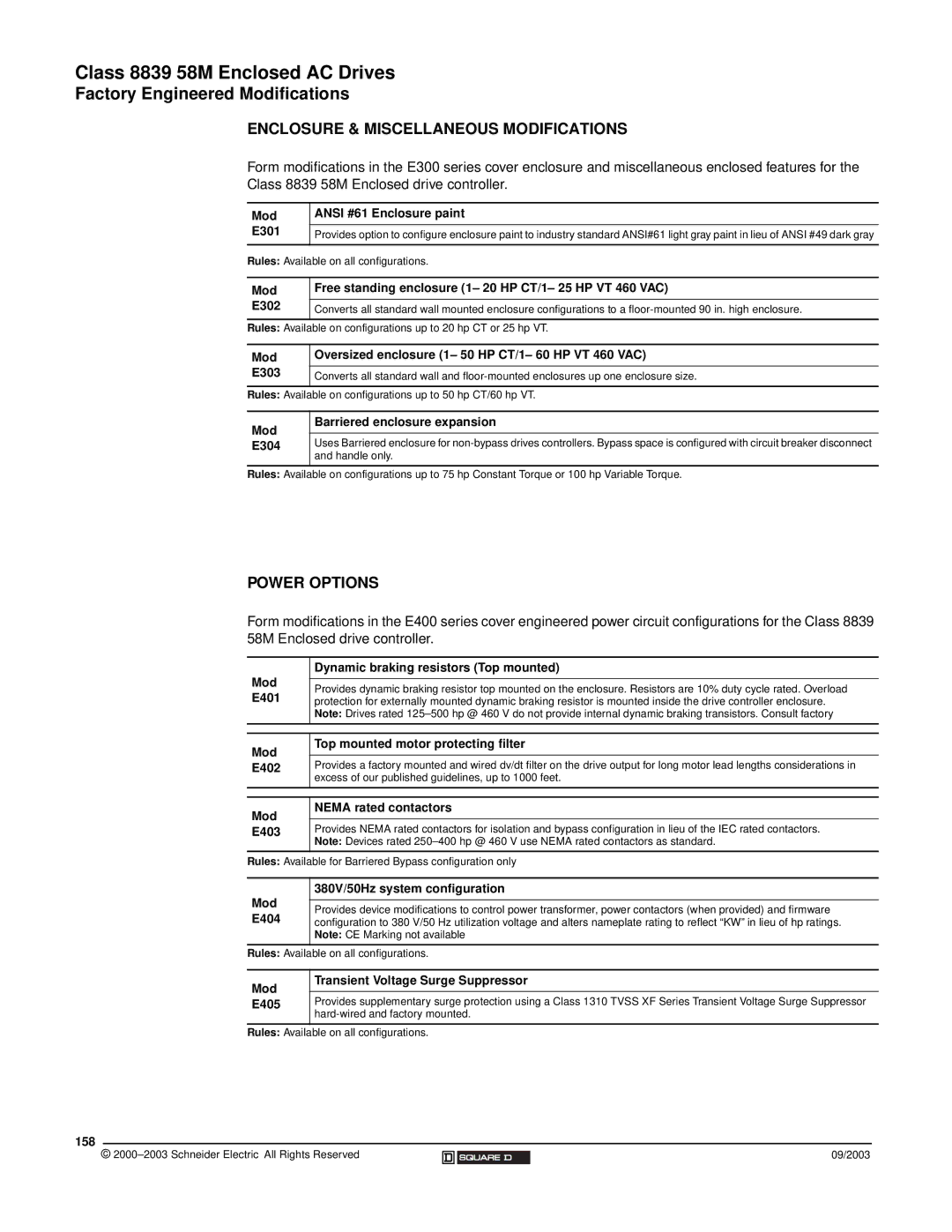 Schneider Electric 58 TRX manual Enclosure & Miscellaneous Modifications, Power Options 