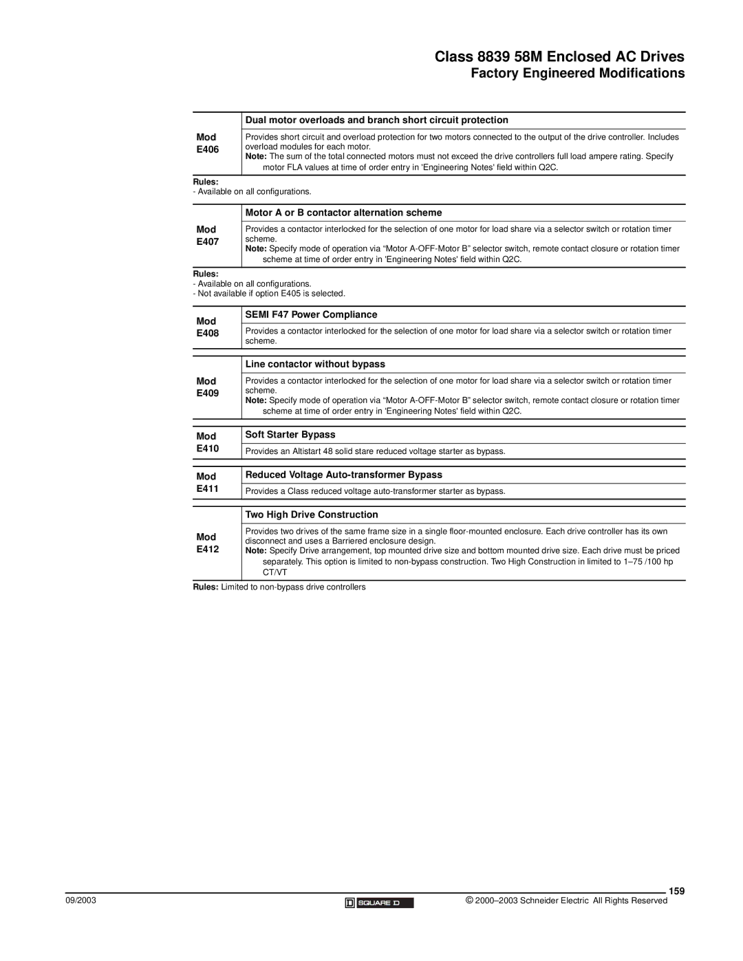Schneider Electric 58 TRX Mod E407 Motor a or B contactor alternation scheme, Mod E408 Semi F47 Power Compliance, 159 