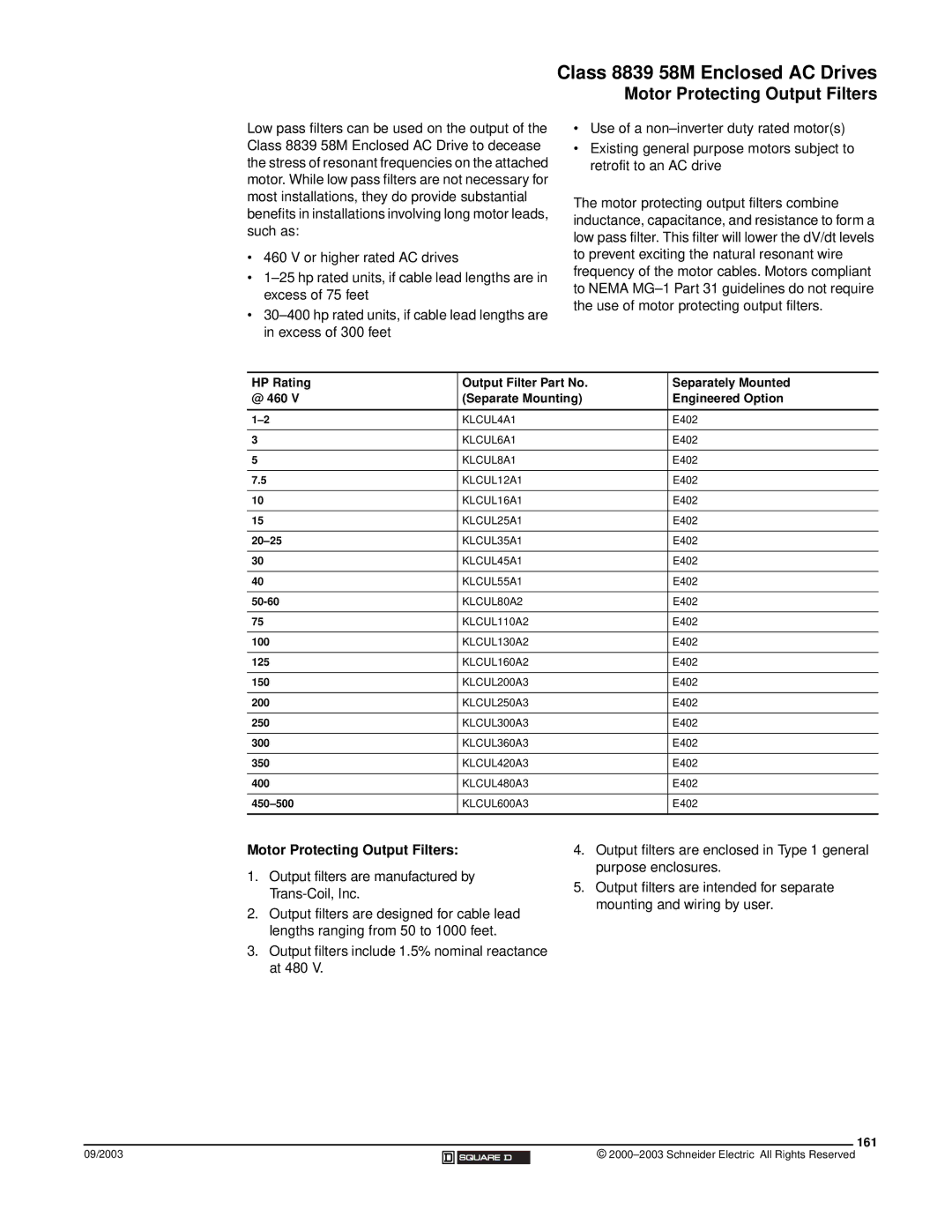 Schneider Electric 58 TRX manual Motor Protecting Output Filters, 161 