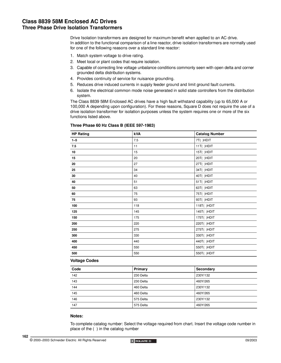 Schneider Electric 58 TRX manual Three Phase Drive Isolation Transformers, Three Phase 60 Hz Class B Ieee, Voltage Codes 