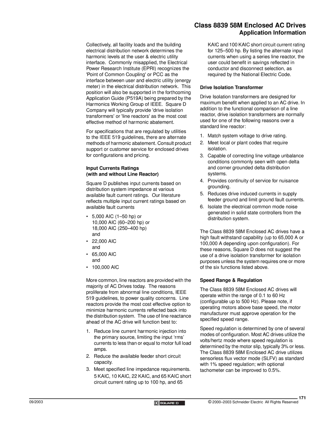 Schneider Electric 58 TRX manual Input Currents Ratings With and without Line Reactor, Drive Isolation Transformer, 171 