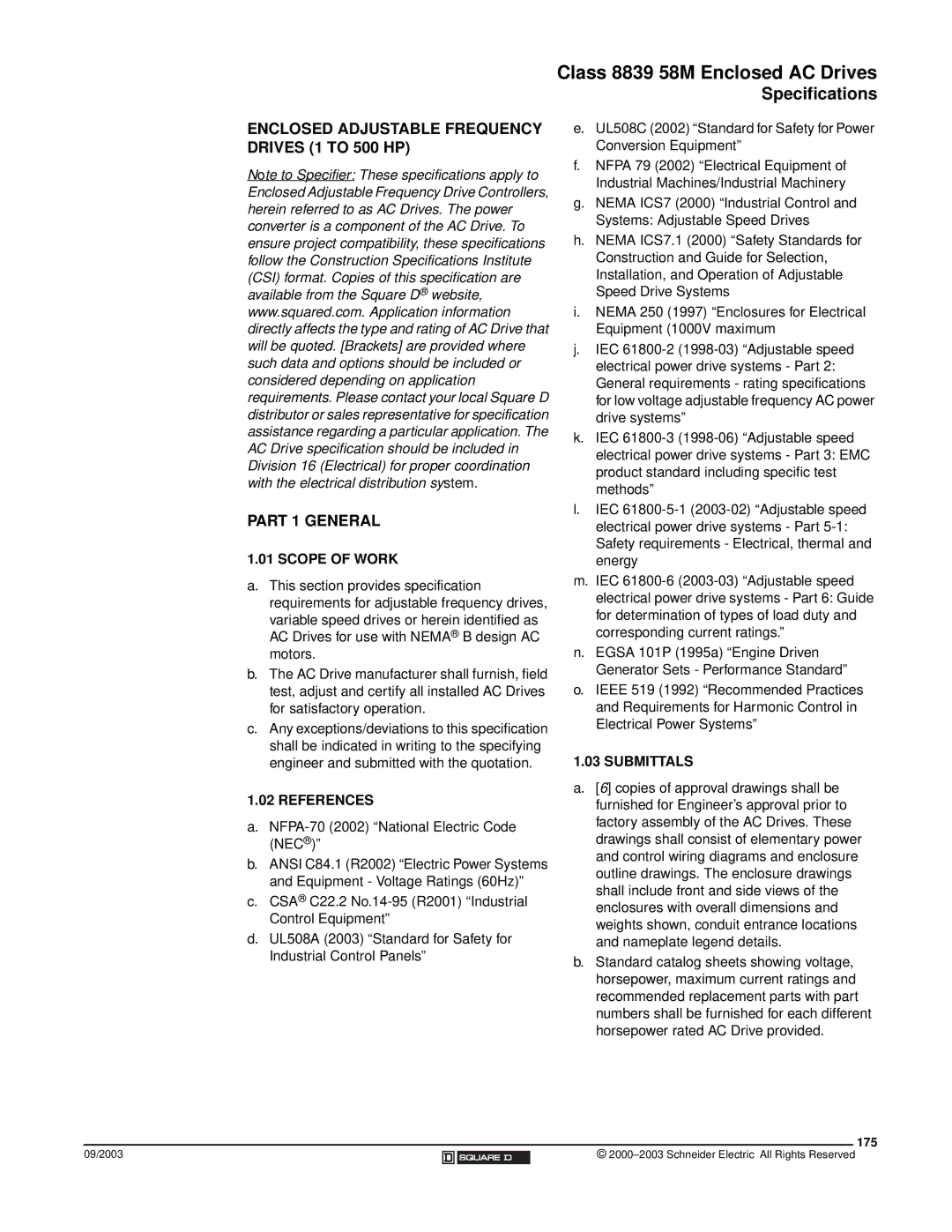 Schneider Electric 58 TRX manual Specifications, Scope of Work, References, Submittals, 175 