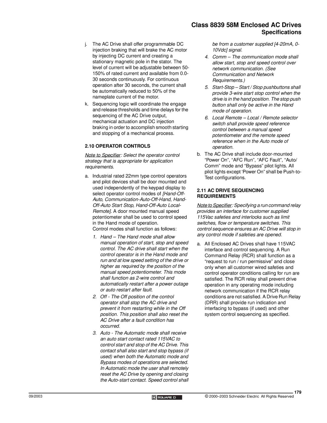 Schneider Electric 58 TRX manual Operator Controls, AC Drive Sequencing Requirements, 179 