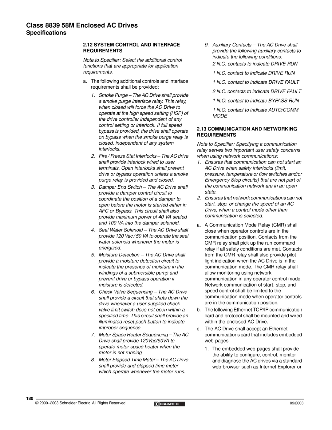 Schneider Electric 58 TRX manual System Control and Interface Requirements, Communication and Networking Requirements, 180 