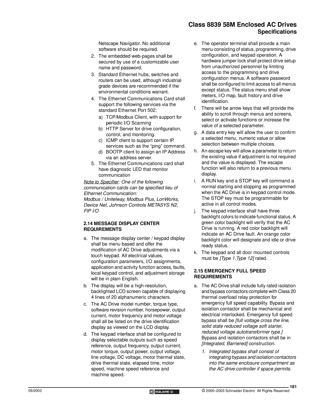 Schneider Electric 58 TRX manual Message Display Center Requirements, Emergency Full Speed Requirements, 181 