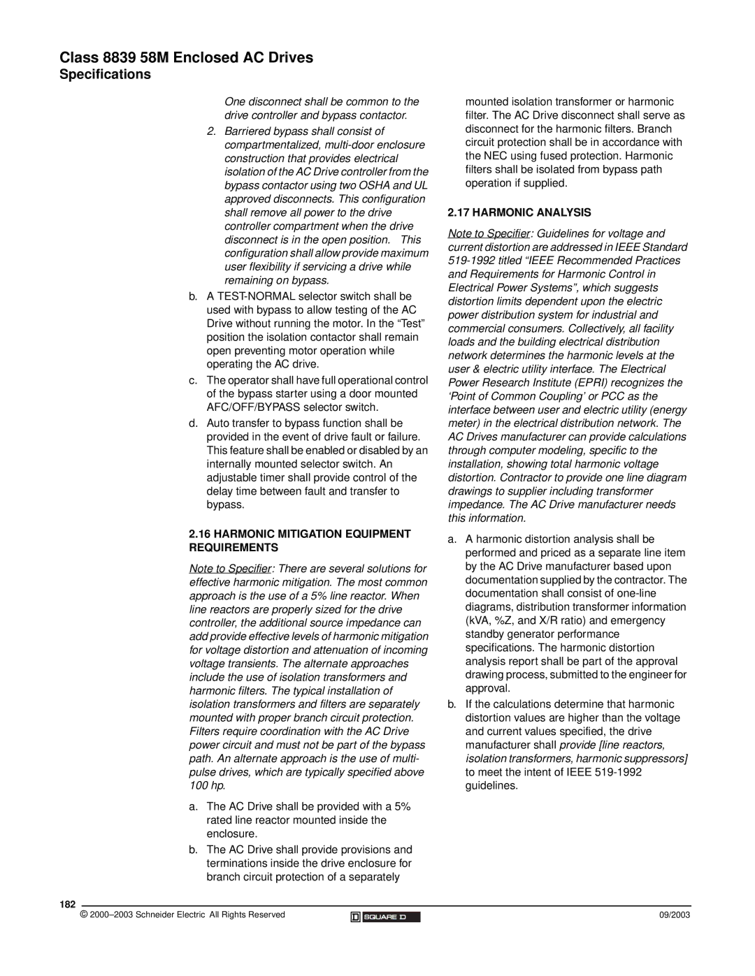 Schneider Electric 58 TRX manual Harmonic Mitigation Equipment Requirements, 182 