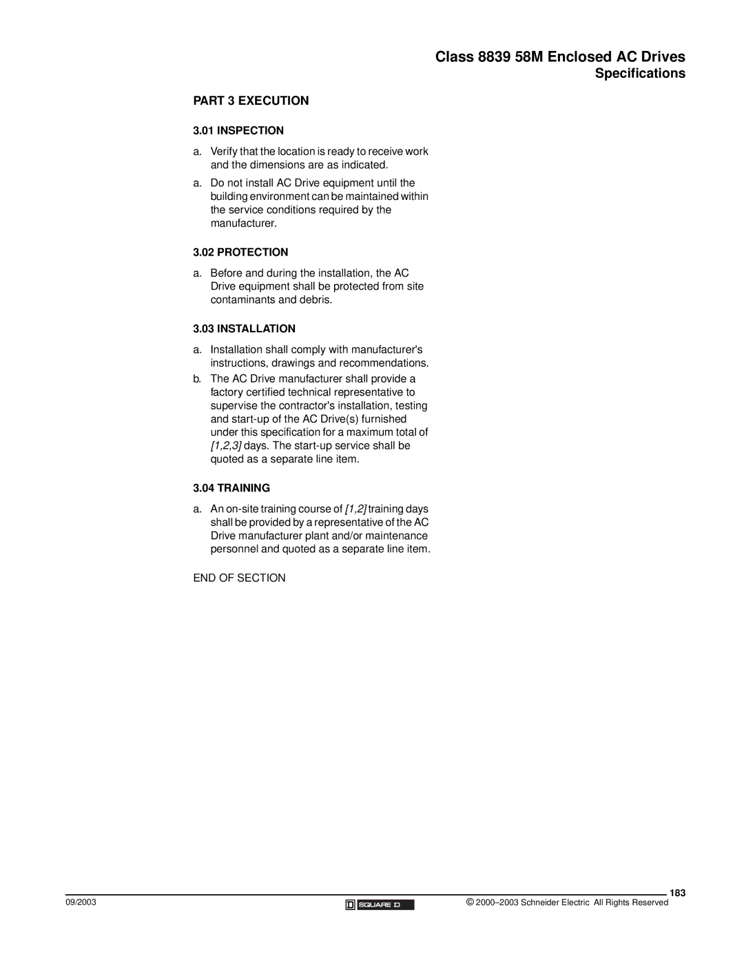 Schneider Electric 58 TRX manual Part 3 Execution, Inspection, Installation, Training, 183 