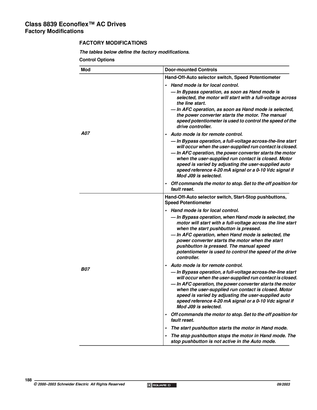 Schneider Electric 58 TRX manual Factory Modifications, Hand-Off-Auto selector switch, Start-Stop pushbuttons, 188 