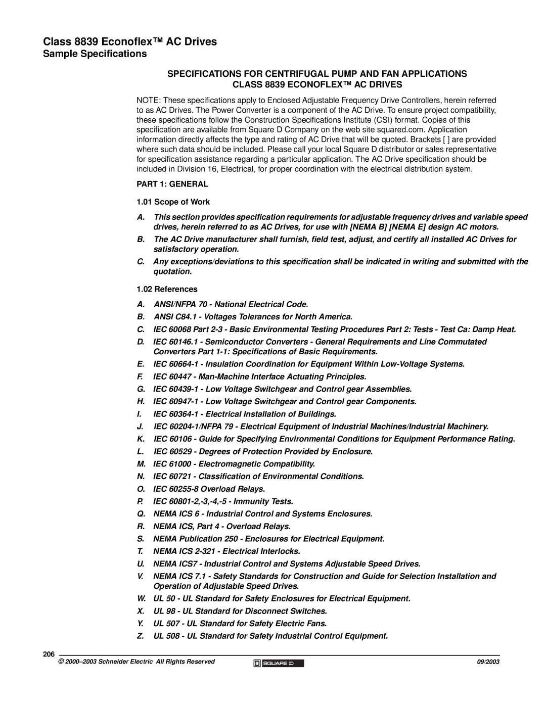 Schneider Electric 58 TRX manual Sample Specifications, References, 206 