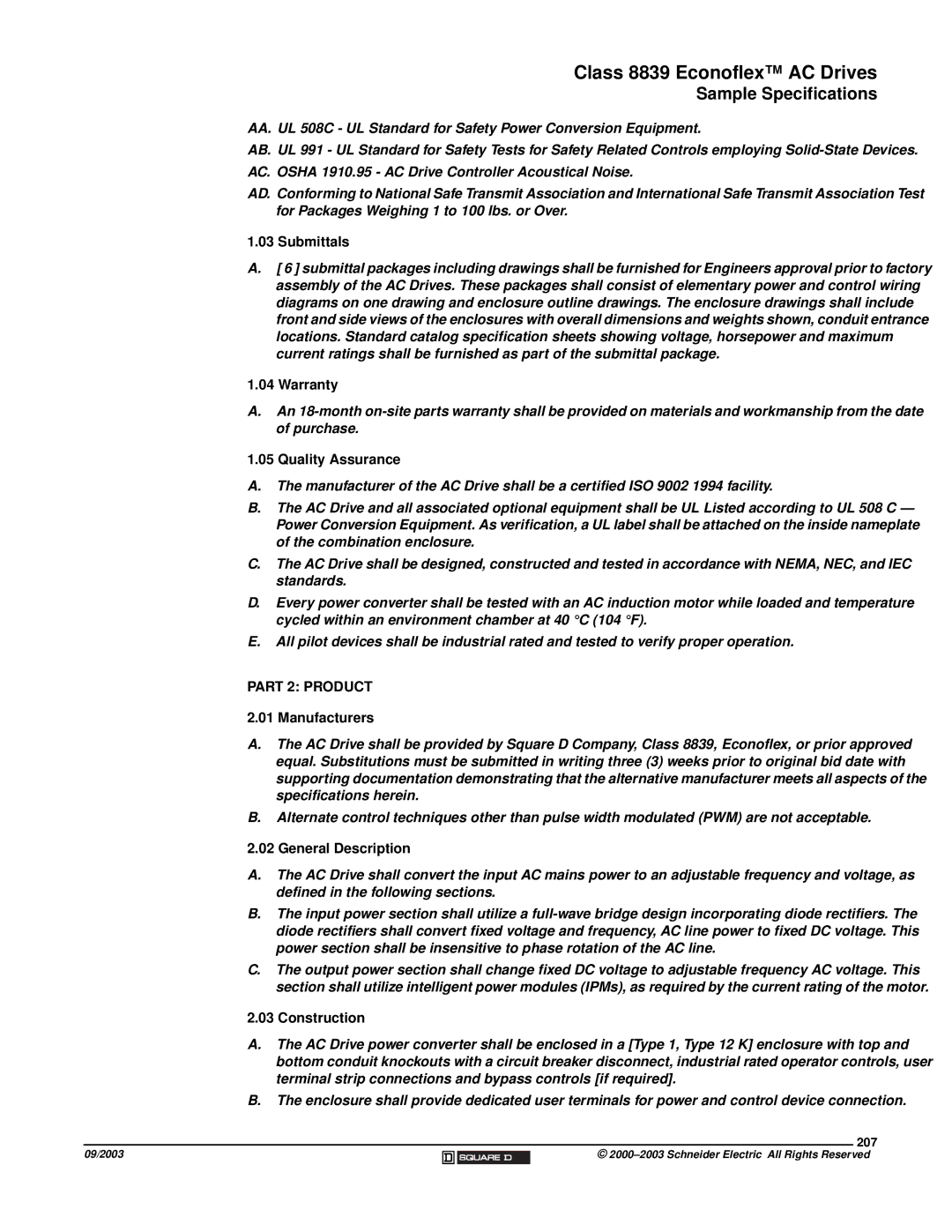 Schneider Electric 58 TRX manual Submittals, Part 2 Product, Manufacturers, Construction, 207 