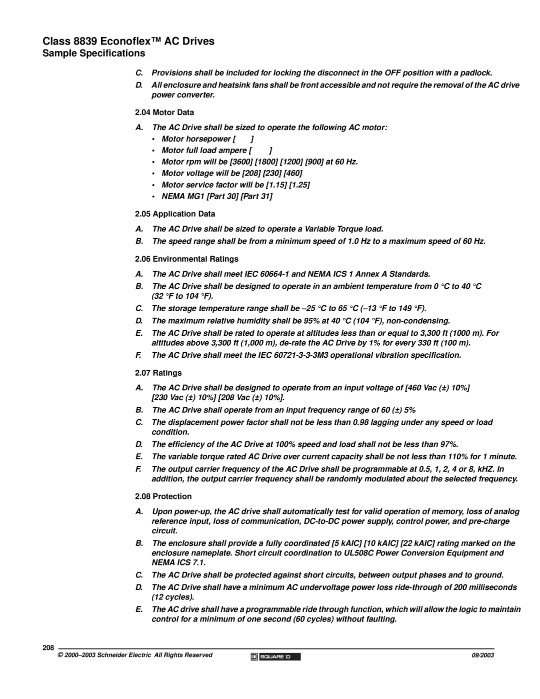 Schneider Electric 58 TRX manual Motor Data, 208 