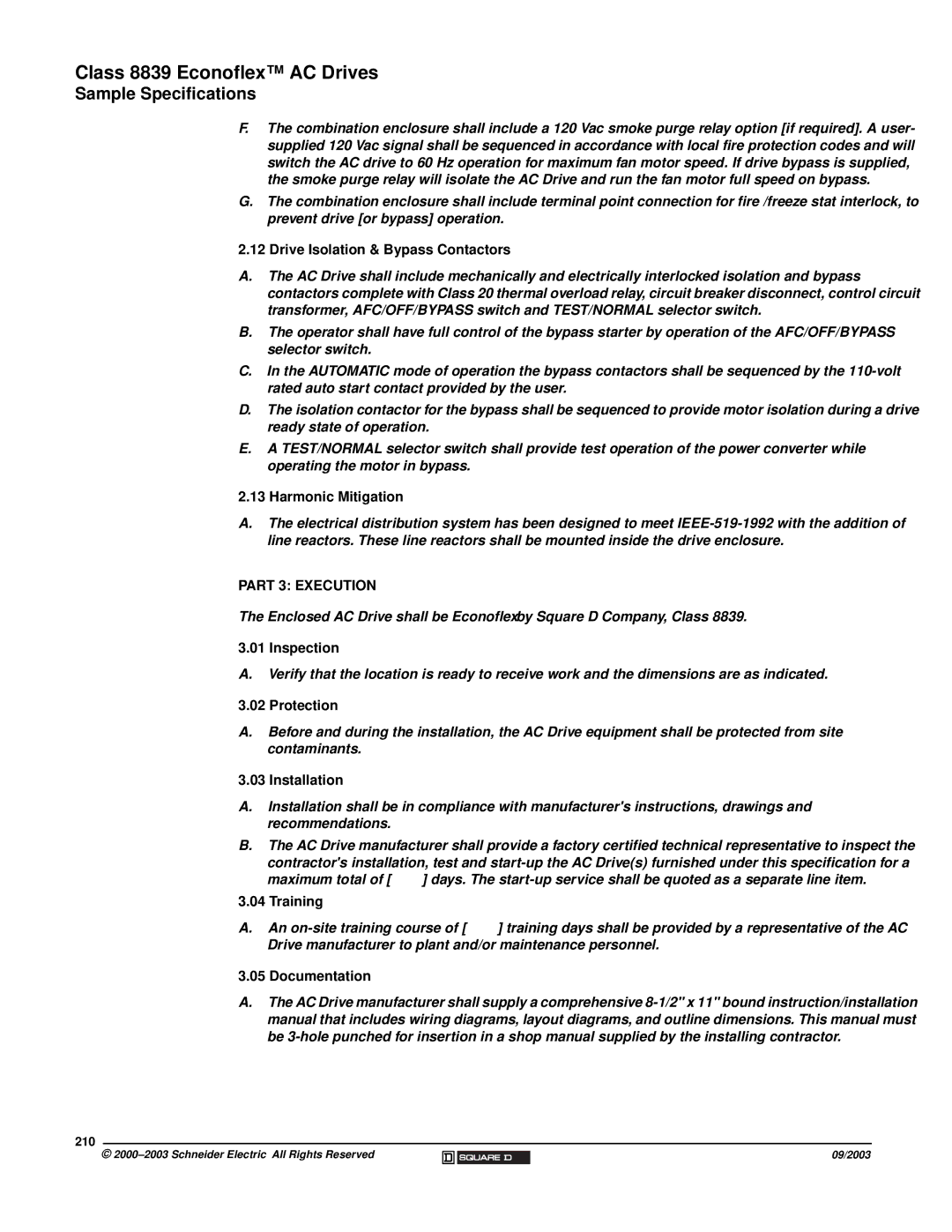 Schneider Electric 58 TRX manual Drive Isolation & Bypass Contactors, Harmonic Mitigation, Documentation, 210 