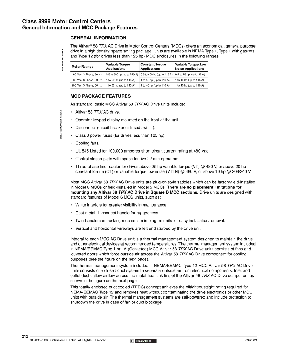 Schneider Electric 58 TRX manual General Information and MCC Package Features, 212 