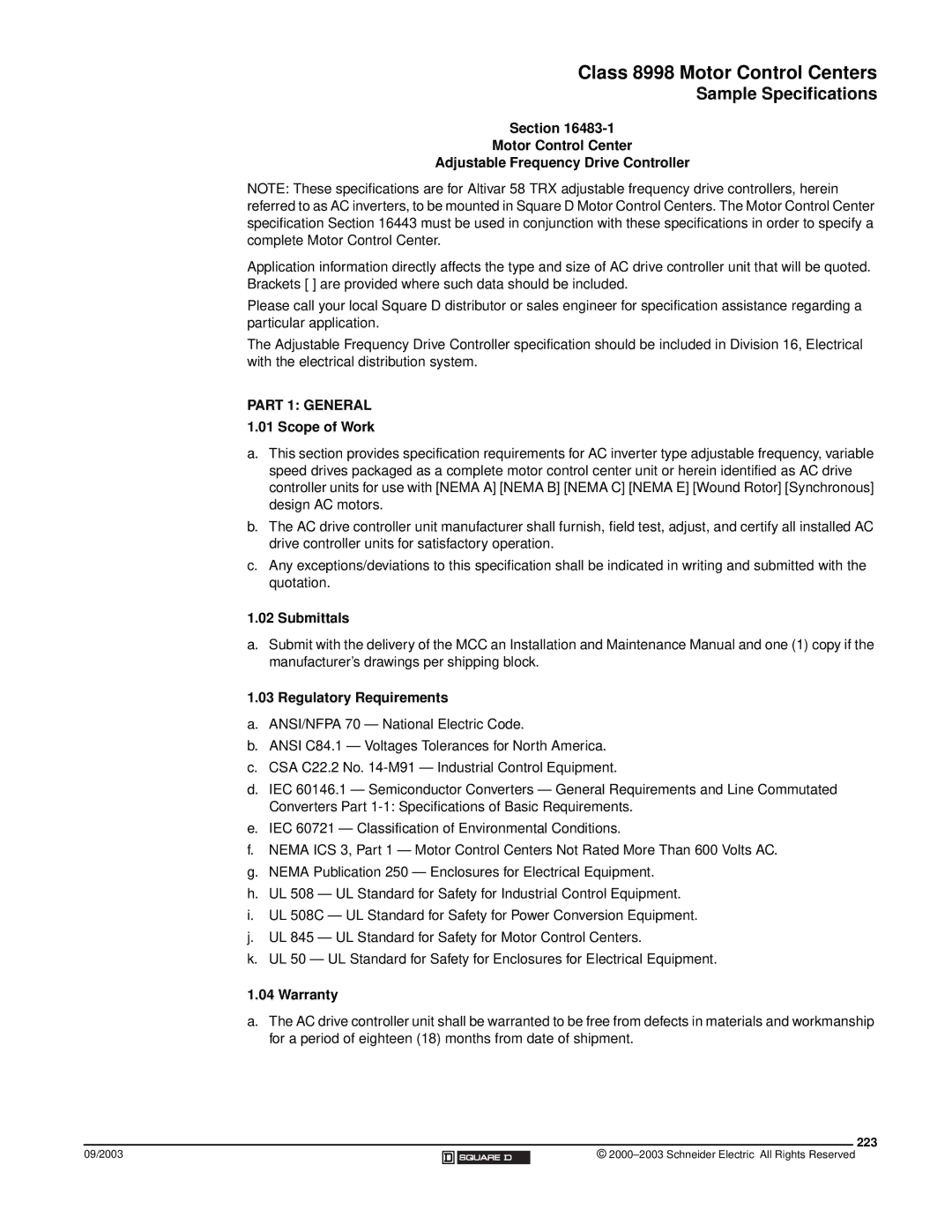 Schneider Electric 58 TRX manual Regulatory Requirements, 223 