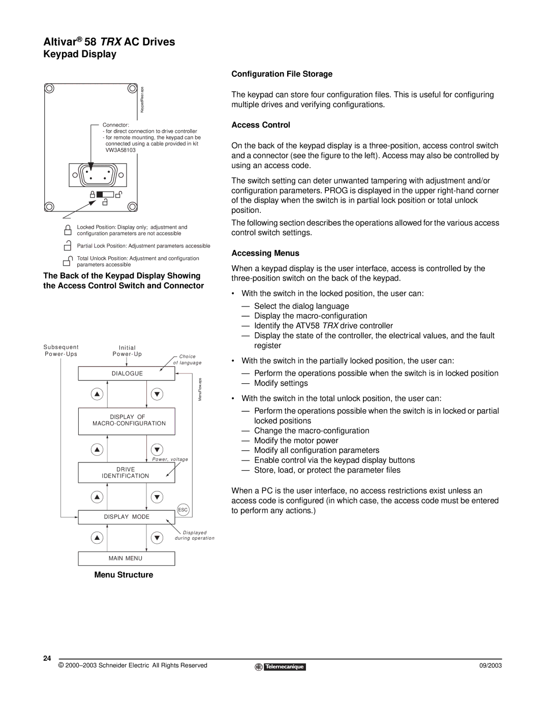 Schneider Electric 58 TRX manual Configuration File Storage, Access Control, Accessing Menus, Menu Structure 