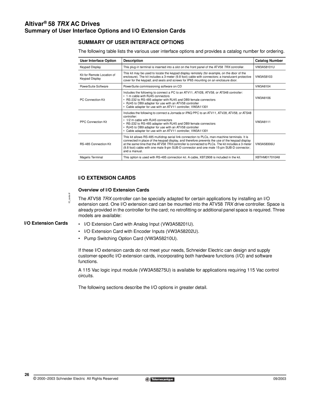 Schneider Electric 58 TRX manual Summary of User Interface Options and I/O Extension Cards, Overview of I/O Extension Cards 