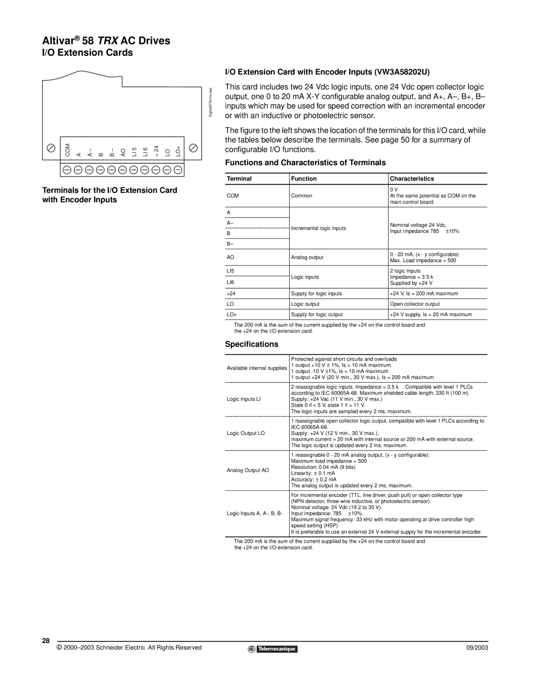 Schneider Electric 58 TRX manual Logic inputs Impedance = 3.5 kΩ 