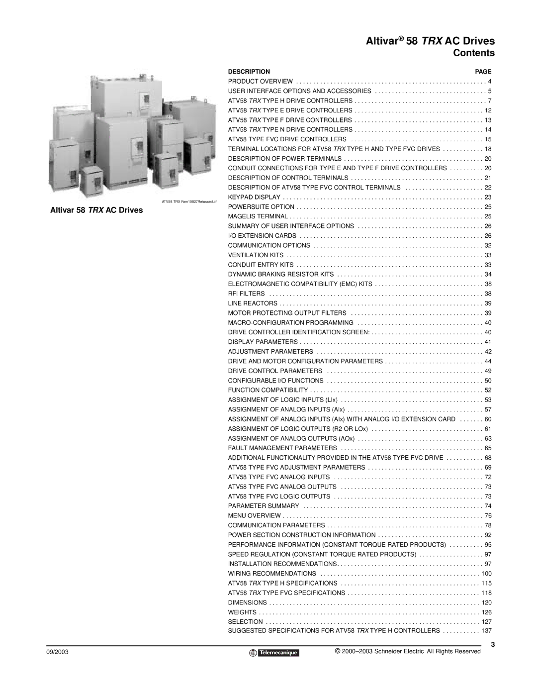 Schneider Electric manual Altivar 58 TRX AC Drives, Contents 