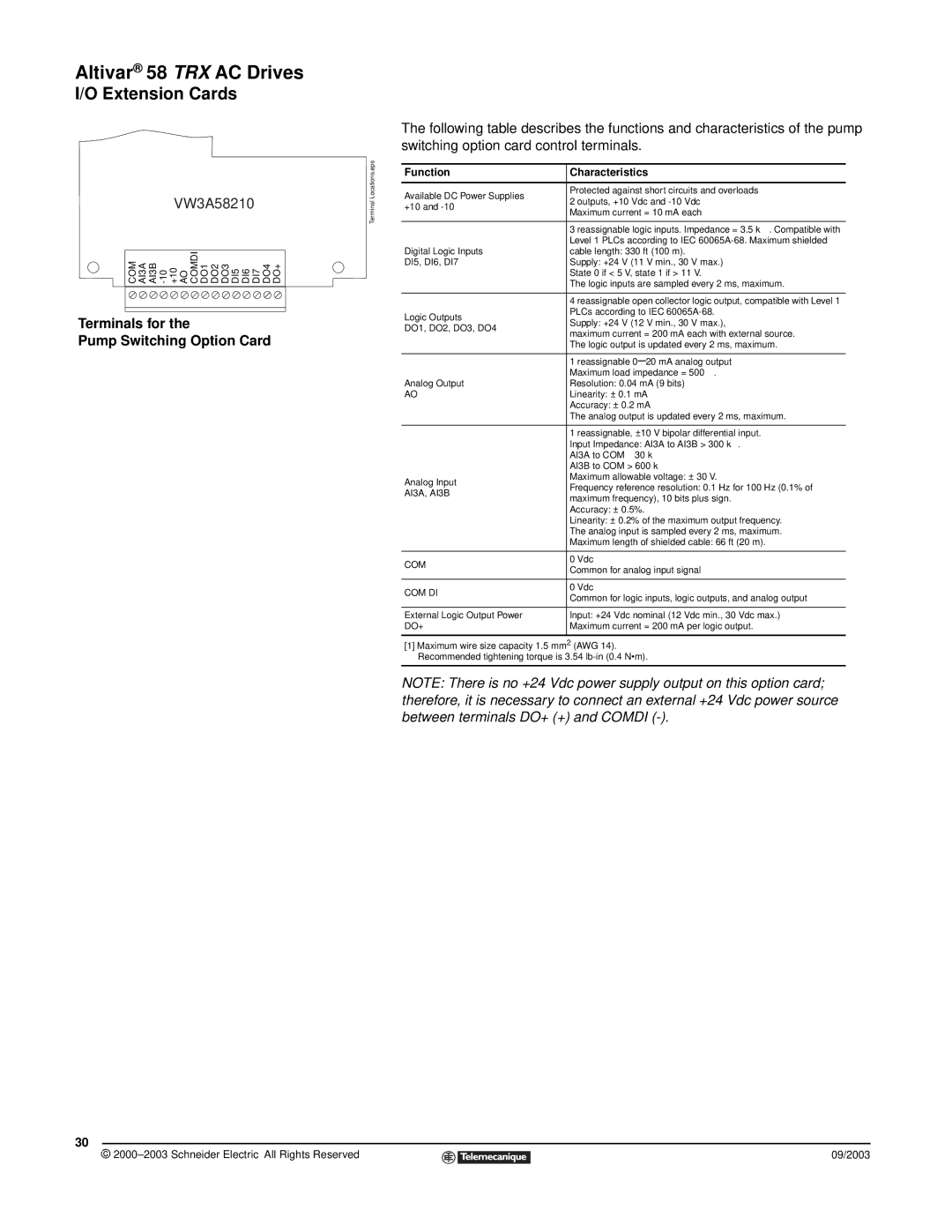 Schneider Electric 58 TRX Terminals for Pump Switching Option Card, Function Characteristics, AI3A, AI3B, Com Di, Do+ 