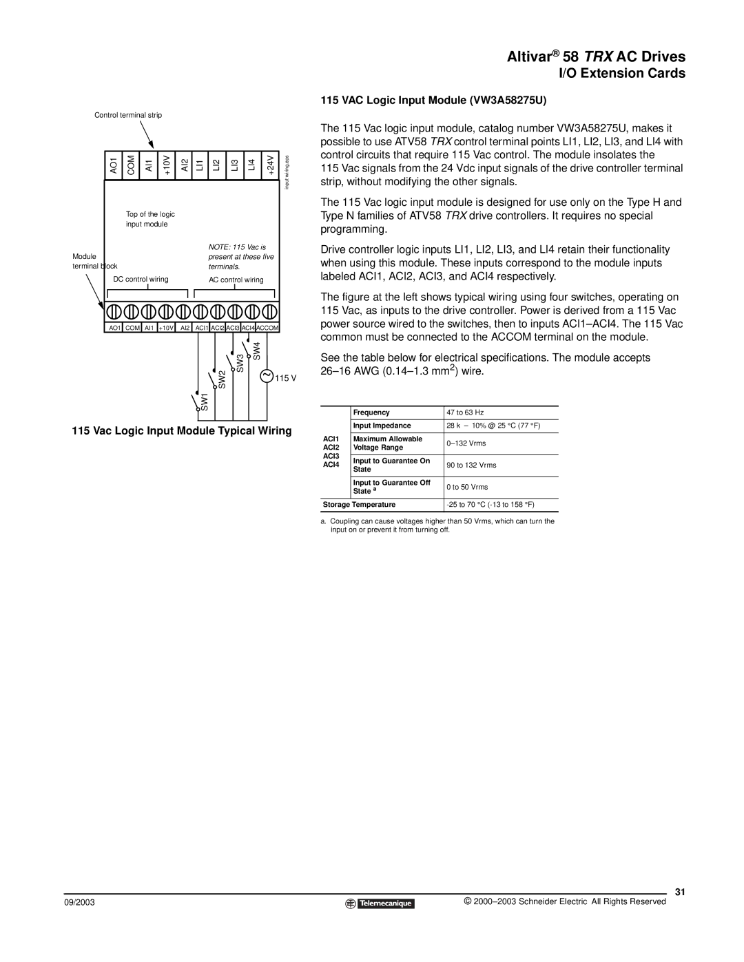 Schneider Electric 58 TRX manual Vac Logic Input Module Typical Wiring, VAC Logic Input Module VW3A58275U 