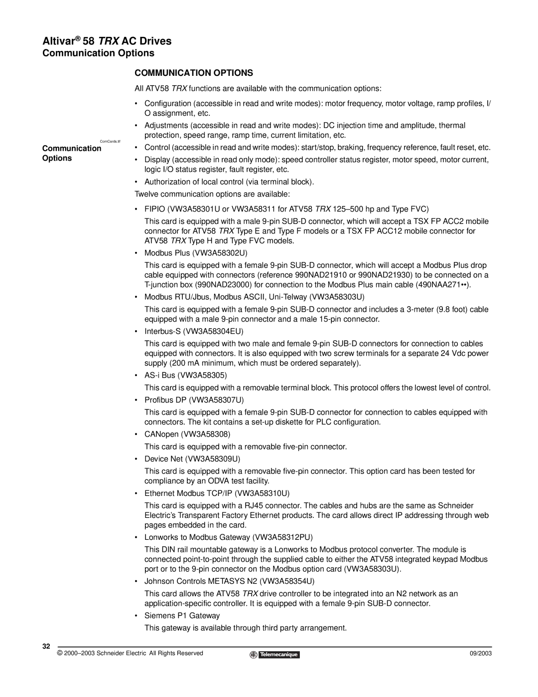 Schneider Electric 58 TRX manual Communication Options 