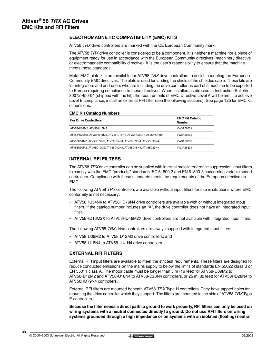 Schneider Electric 58 TRX manual EMC Kits and RFI Filters, Electromagnetic Compatibility EMC Kits, Internal RFI Filters 