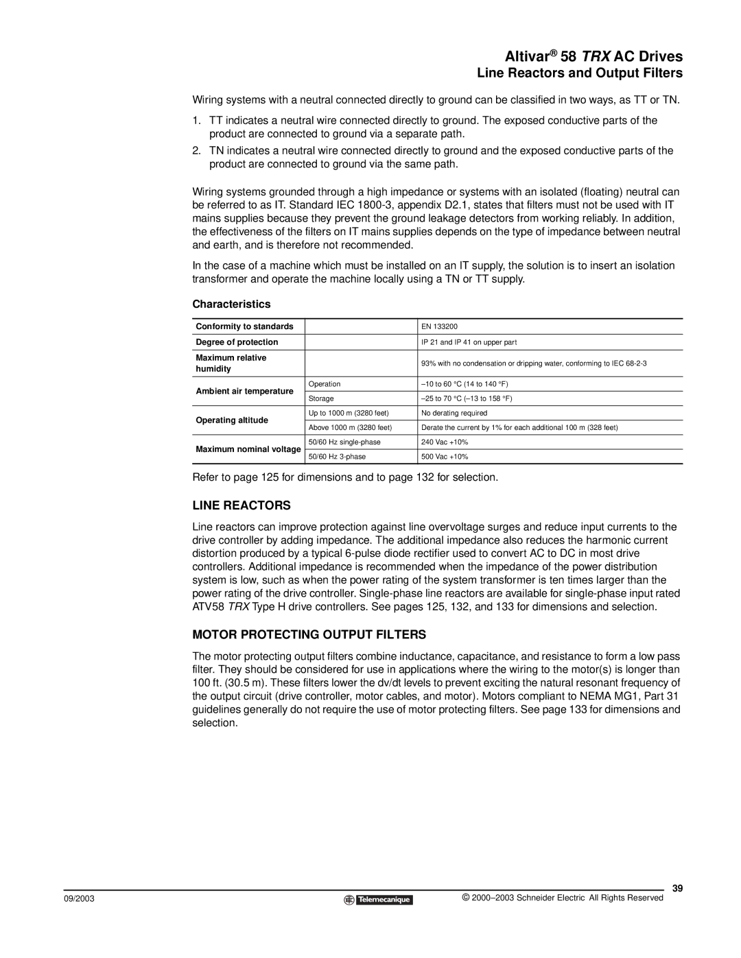 Schneider Electric 58 TRX manual Line Reactors and Output Filters, Motor Protecting Output Filters, Characteristics 