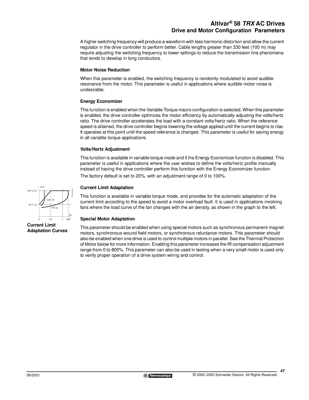 Schneider Electric 58 TRX manual Current Limit Adaptation Curves, Motor Noise Reduction, Energy Economizer 