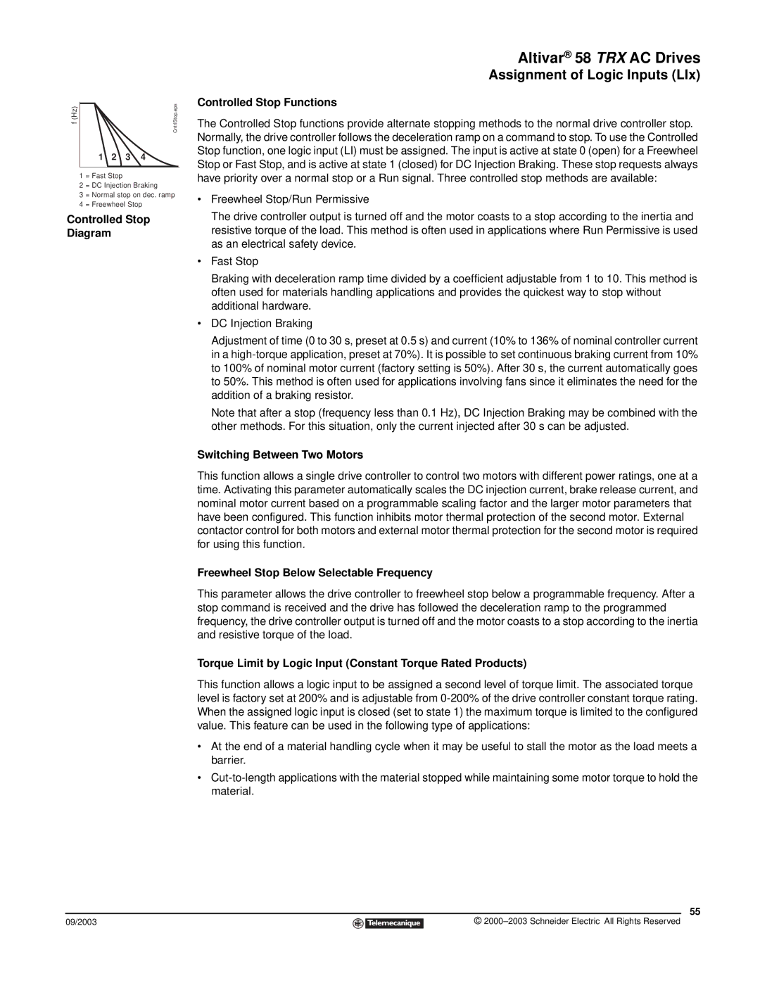 Schneider Electric 58 TRX manual Controlled Stop Diagram, Controlled Stop Functions, Switching Between Two Motors 