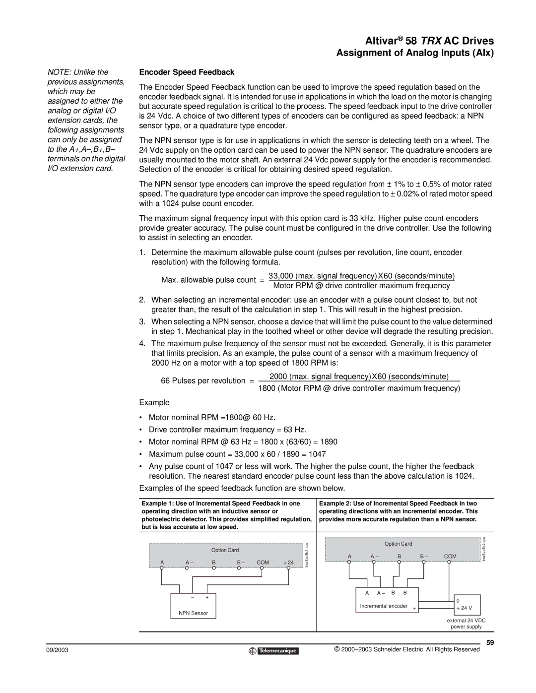 Schneider Electric 58 TRX manual Encoder Speed Feedback, Motor RPM @ drive controller maximum frequency 