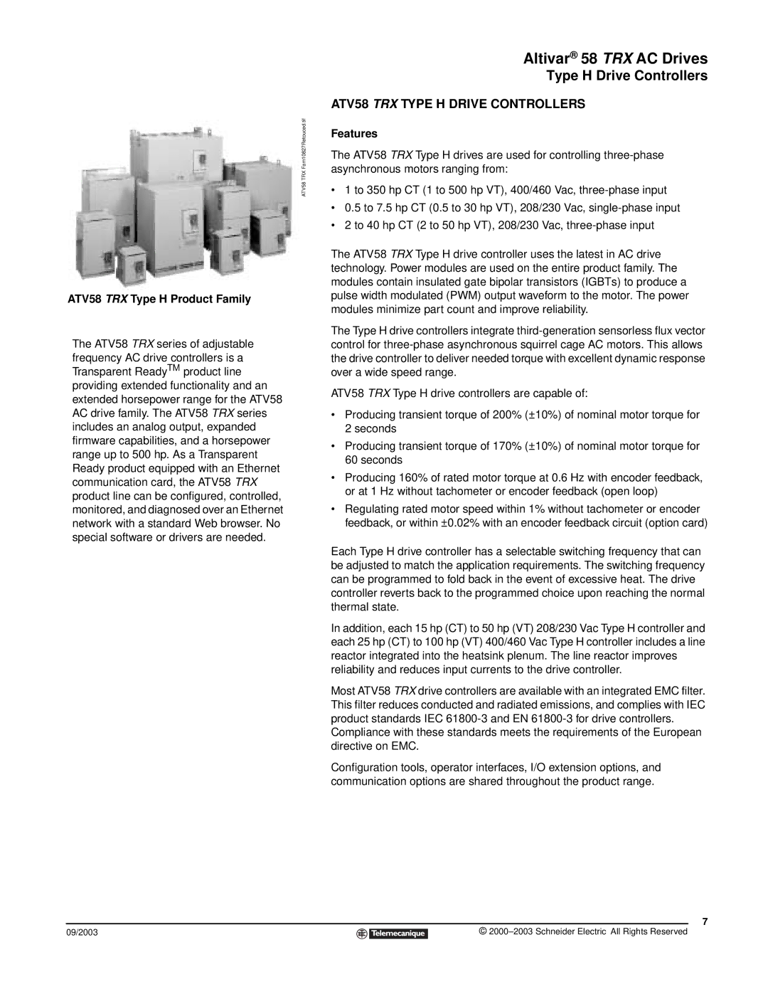 Schneider Electric manual ATV58 TRX Type H Drive Controllers, Features 