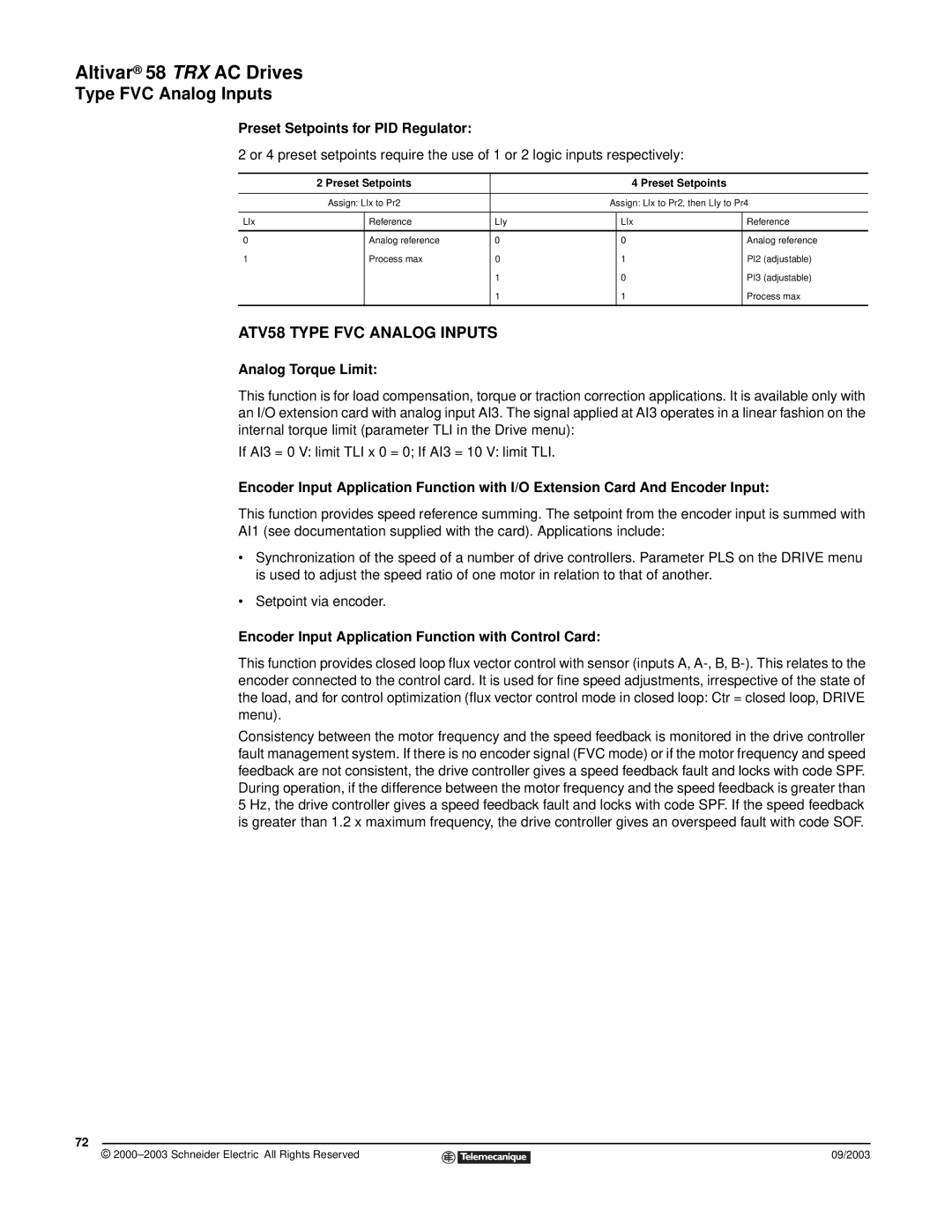 Schneider Electric 58 TRX manual ATV58 Type FVC Analog Inputs, Preset Setpoints for PID Regulator, Analog Torque Limit 