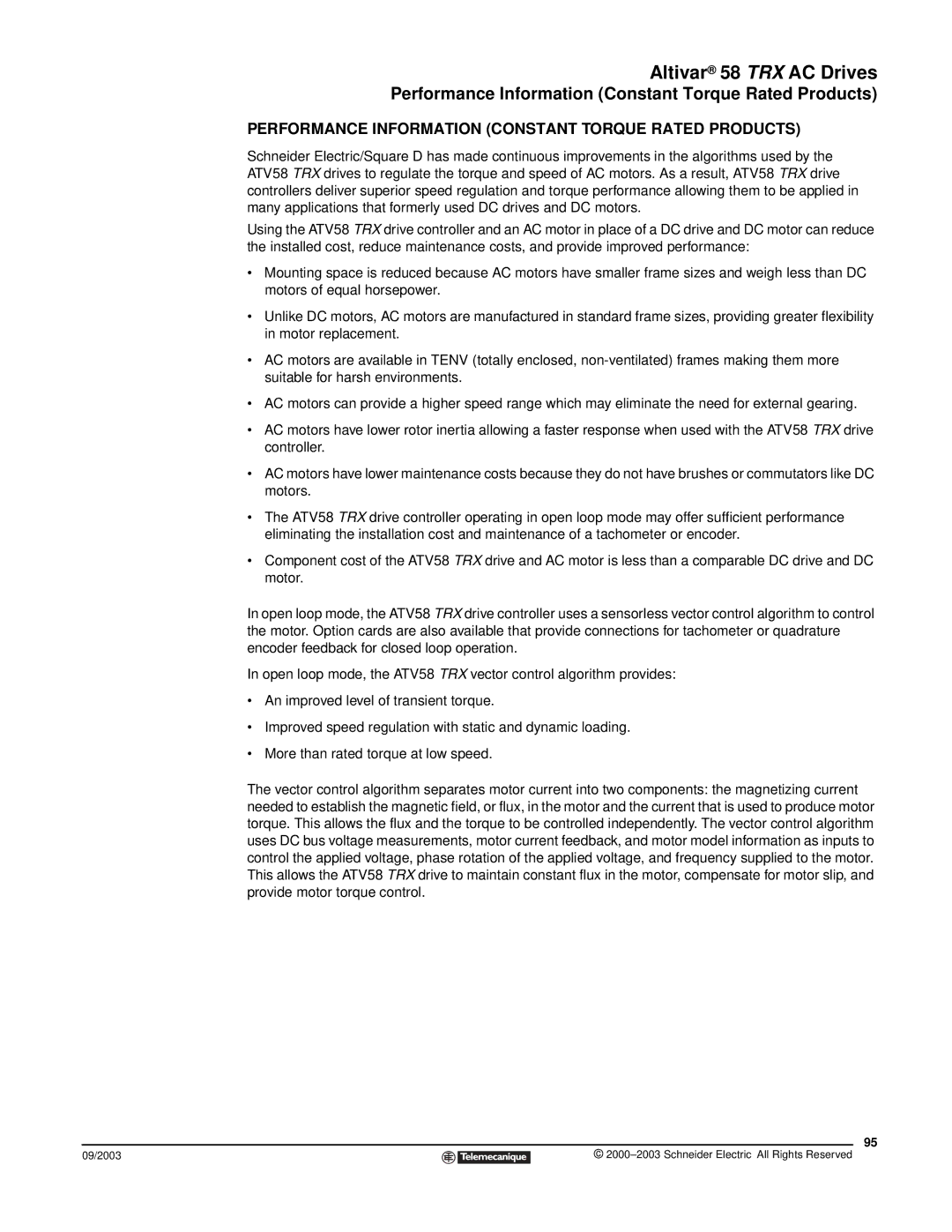 Schneider Electric 58 TRX manual Performance Information Constant Torque Rated Products 