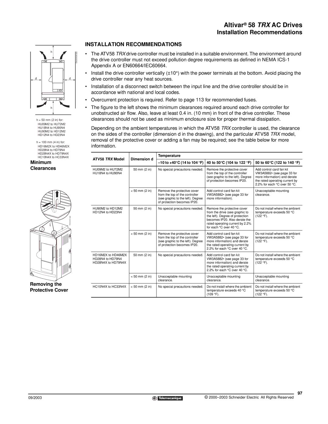 Schneider Electric 58 TRX manual Installation Recommendations, Minimum Clearances, Removing the Protective Cover 
