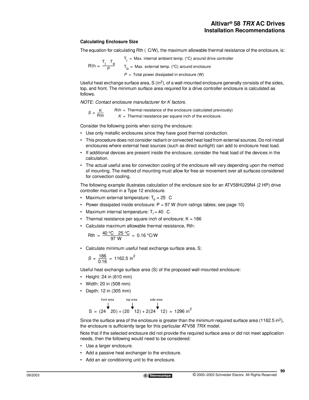 Schneider Electric 58 TRX manual Calculating Enclosure Size, Rth = Ti To 