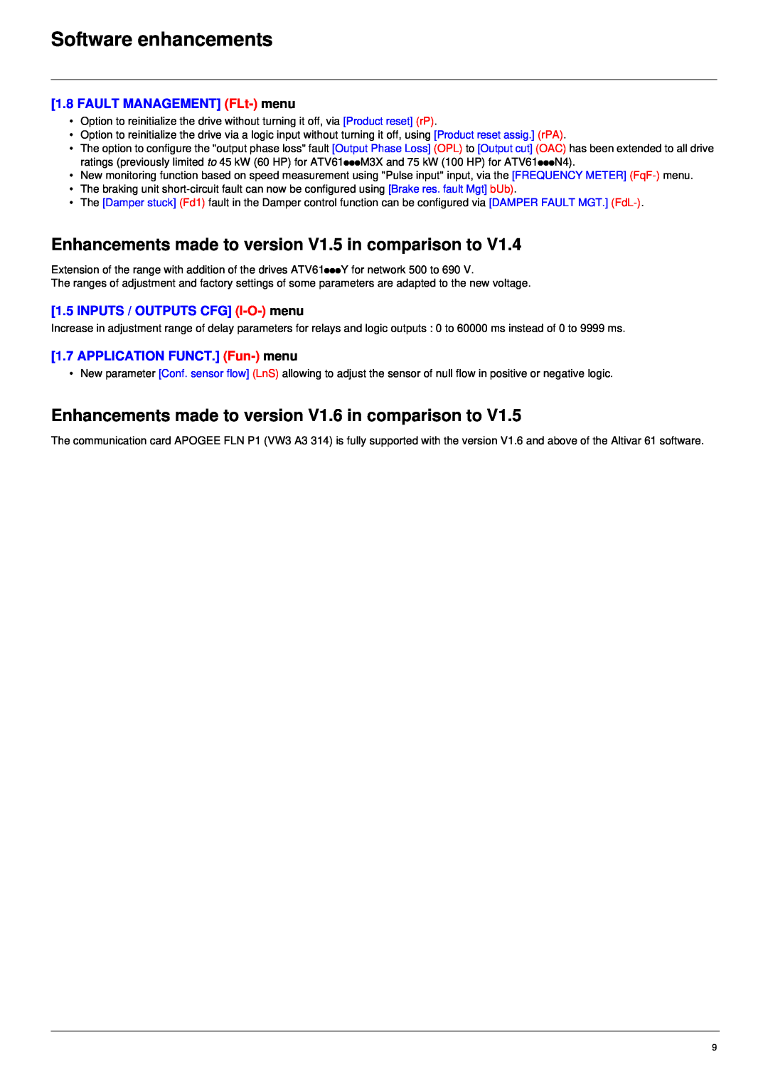 Schneider Electric 61 user manual Enhancements made to version V1.5 in comparison to, FAULT MANAGEMENT FLt- menu 