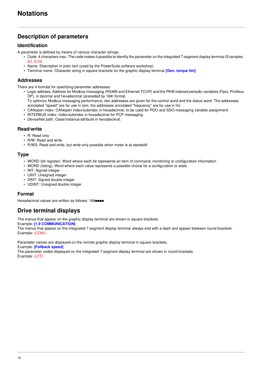 Schneider Electric 61 user manual Notations, Description of parameters, Drive terminal displays 