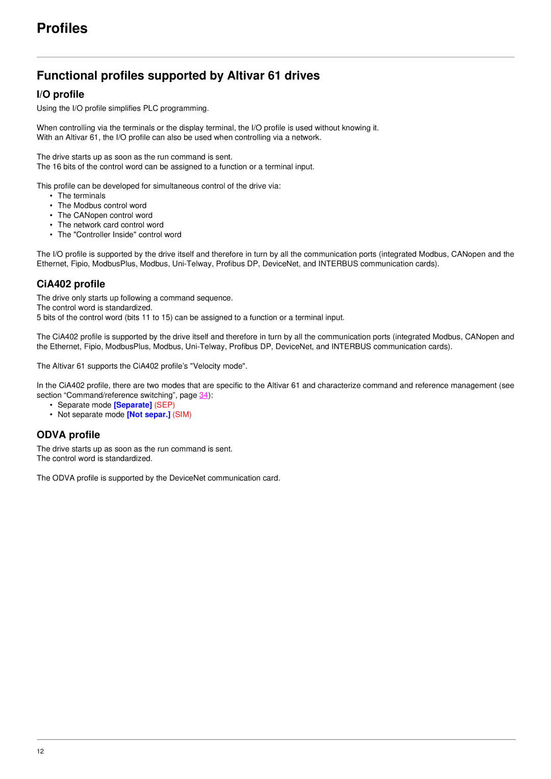 Schneider Electric user manual Functional profiles supported by Altivar 61 drives, Profile, CiA402 profile, Odva profile 