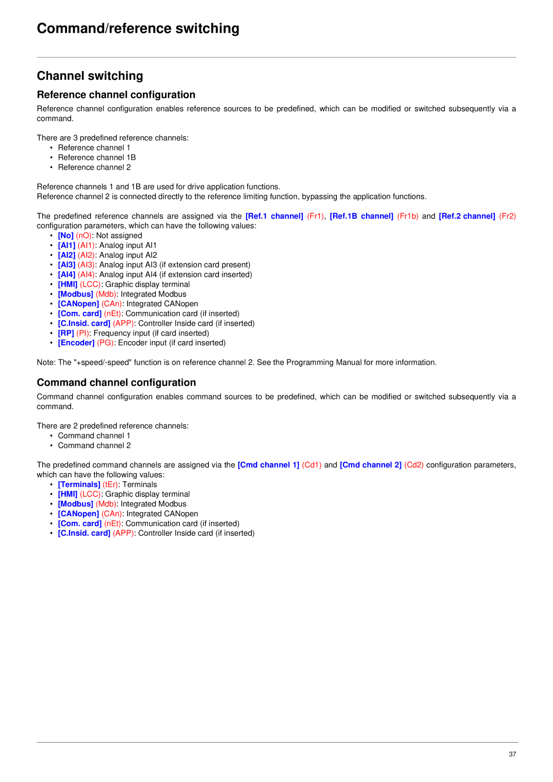 Schneider Electric 61 user manual Channel switching, Reference channel configuration, Command channel configuration 