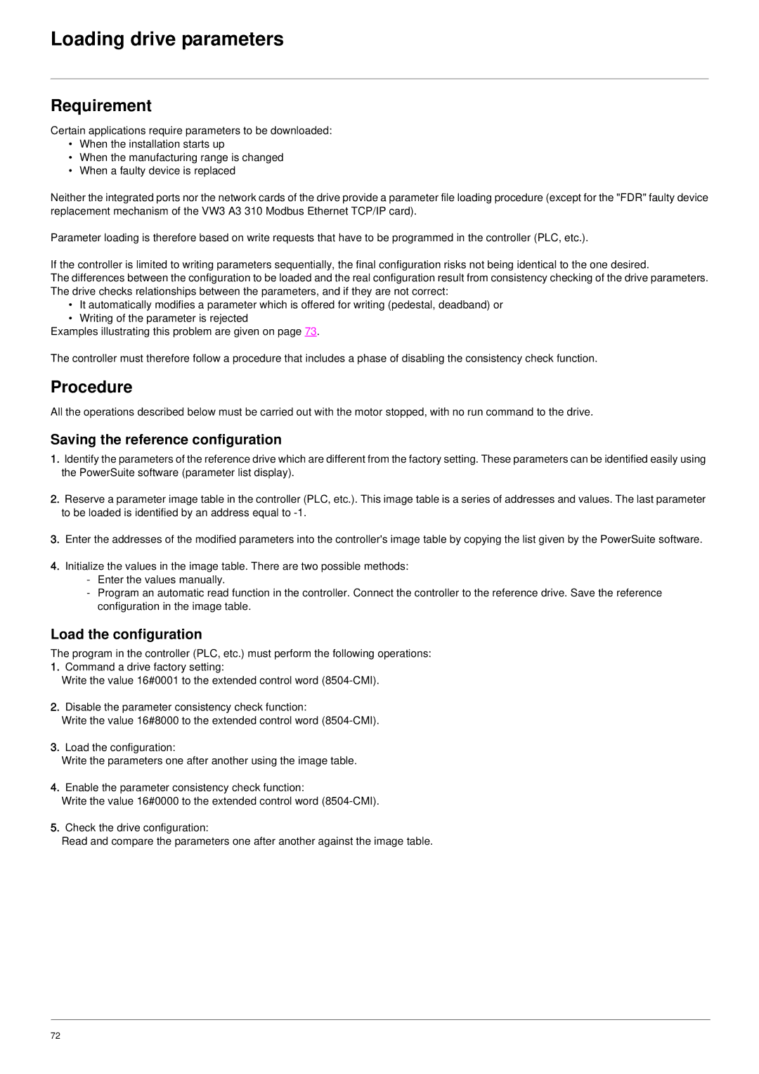 Schneider Electric 61 user manual Loading drive parameters, Requirement, Procedure, Saving the reference configuration 