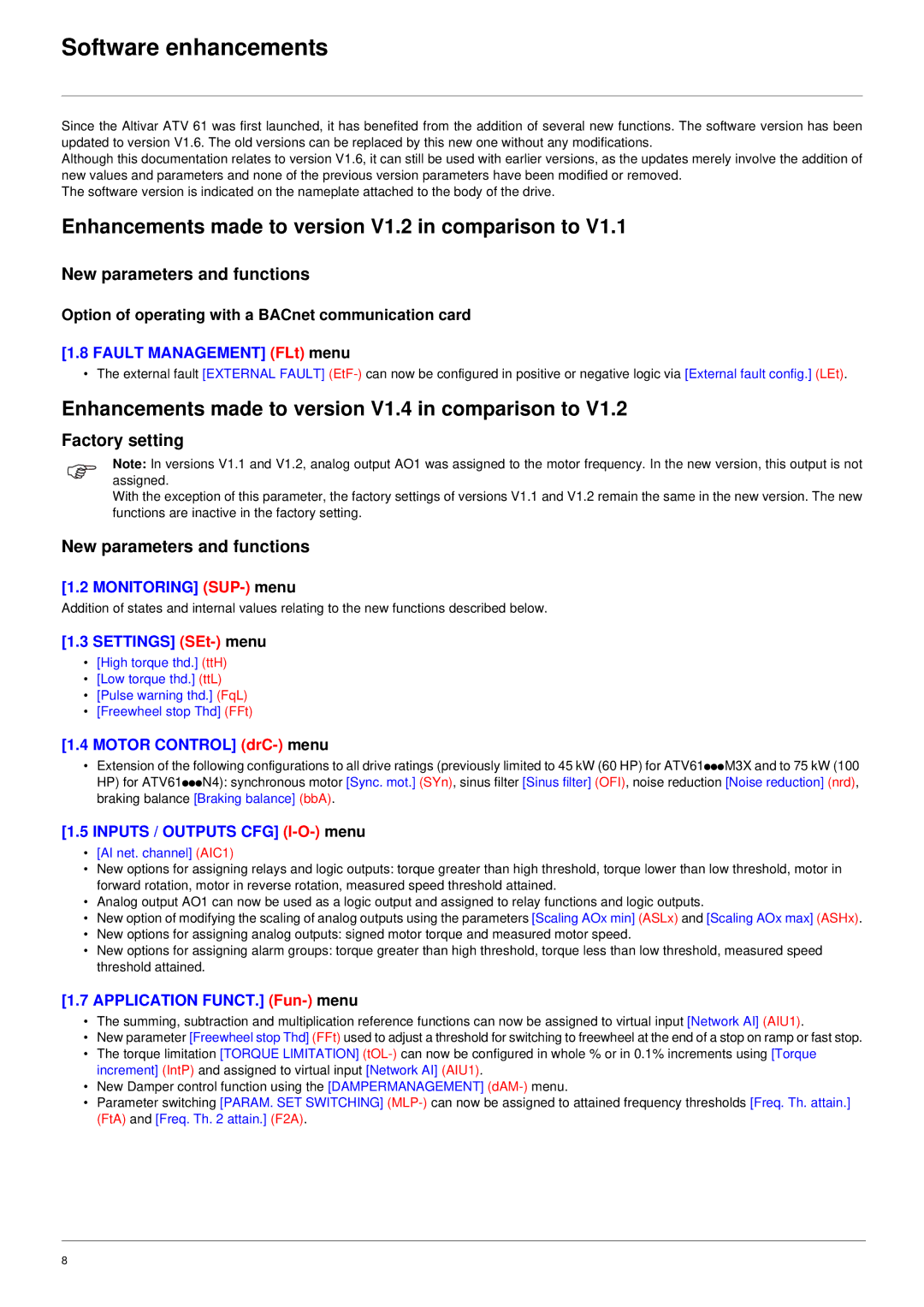 Schneider Electric 61 Software enhancements, Enhancements made to version V1.2 in comparison to, Factory setting 