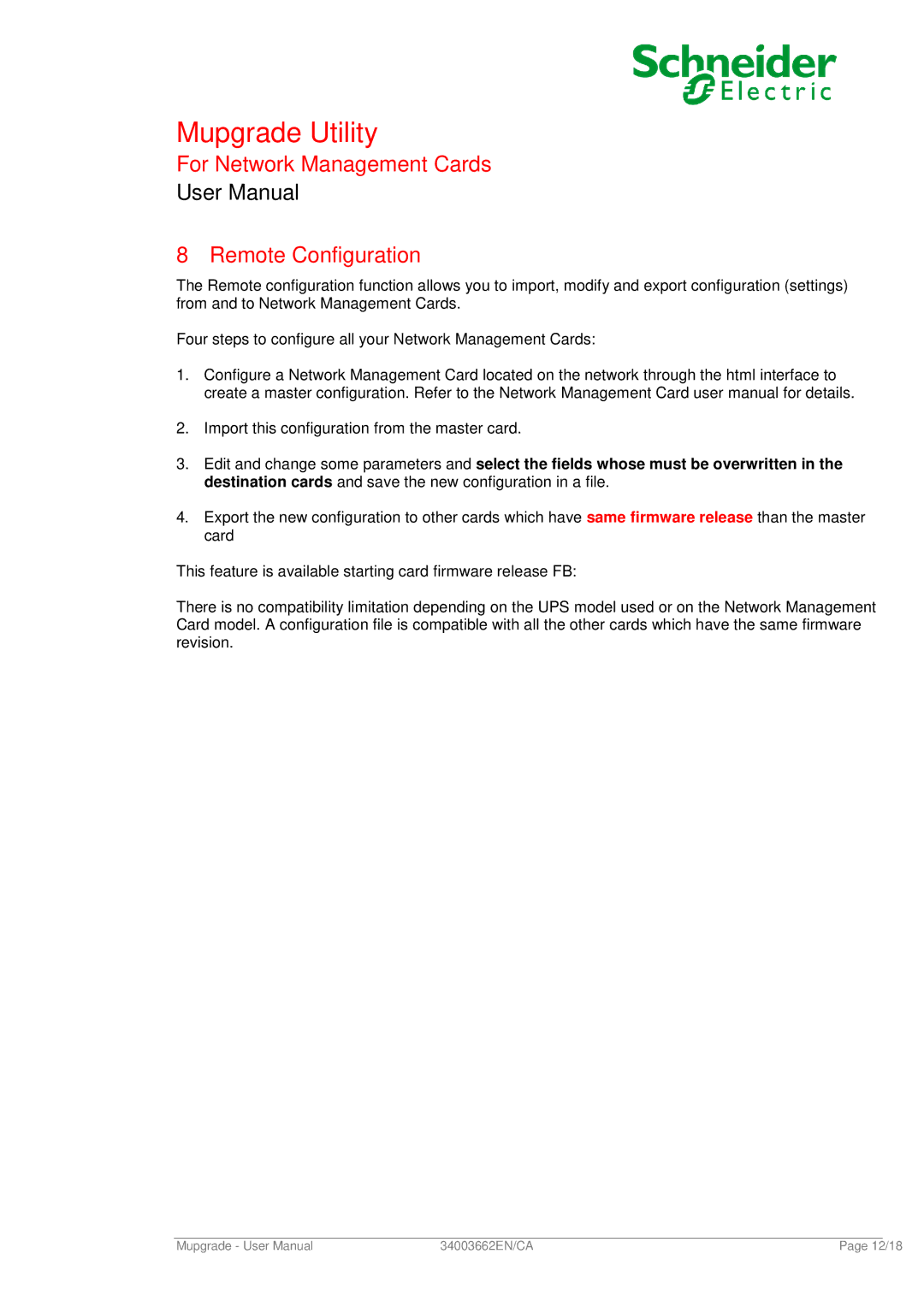 Schneider Electric 66074 user manual For Network Management Cards Remote Configuration 