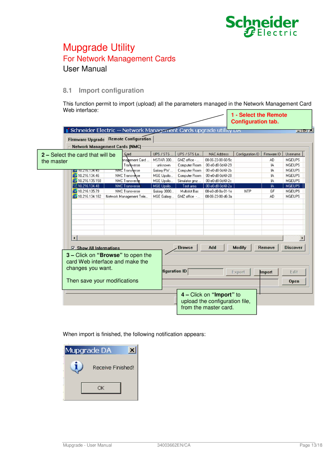 Schneider Electric 66074 user manual Import configuration, Select the Remote Configuration tab 